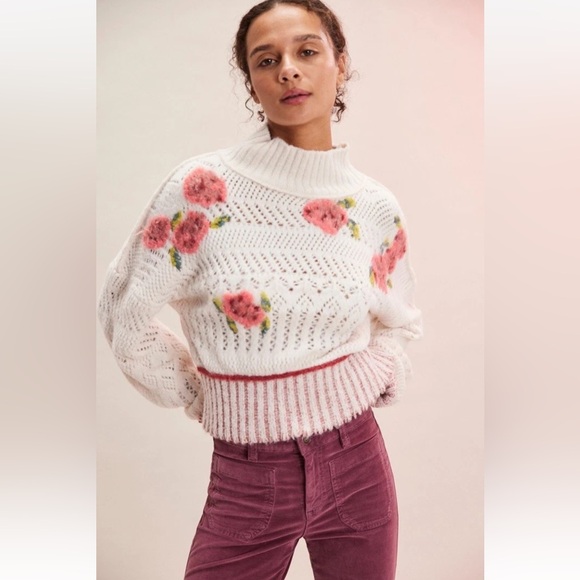 Free People Sweaters - Free People Inge Pullover Sweater Floral Knit Crop Rib Trim Ivory Rose Combo